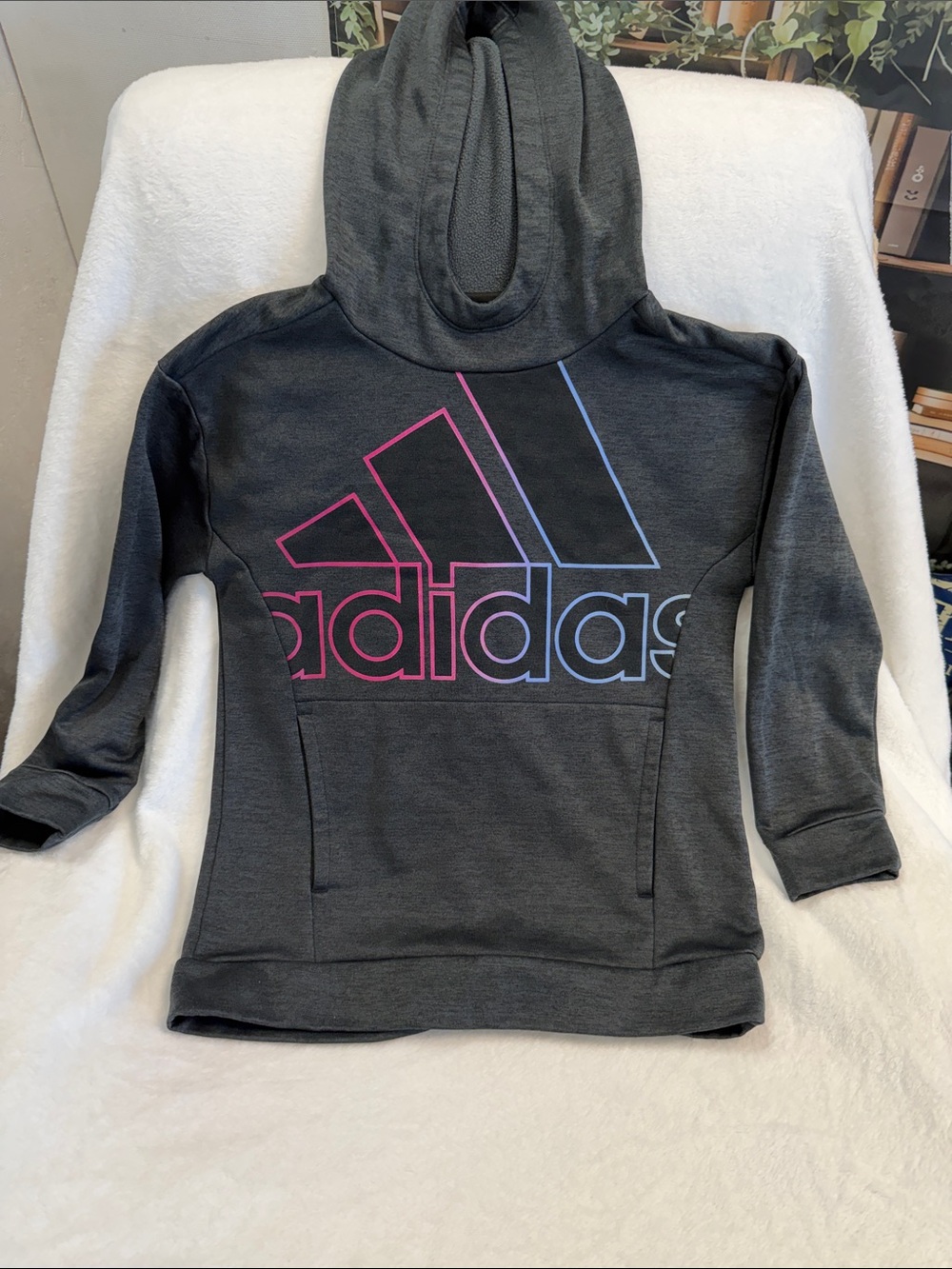 adidas Dark Gray Hoodie with Pink-to-Blue Gradient Logo